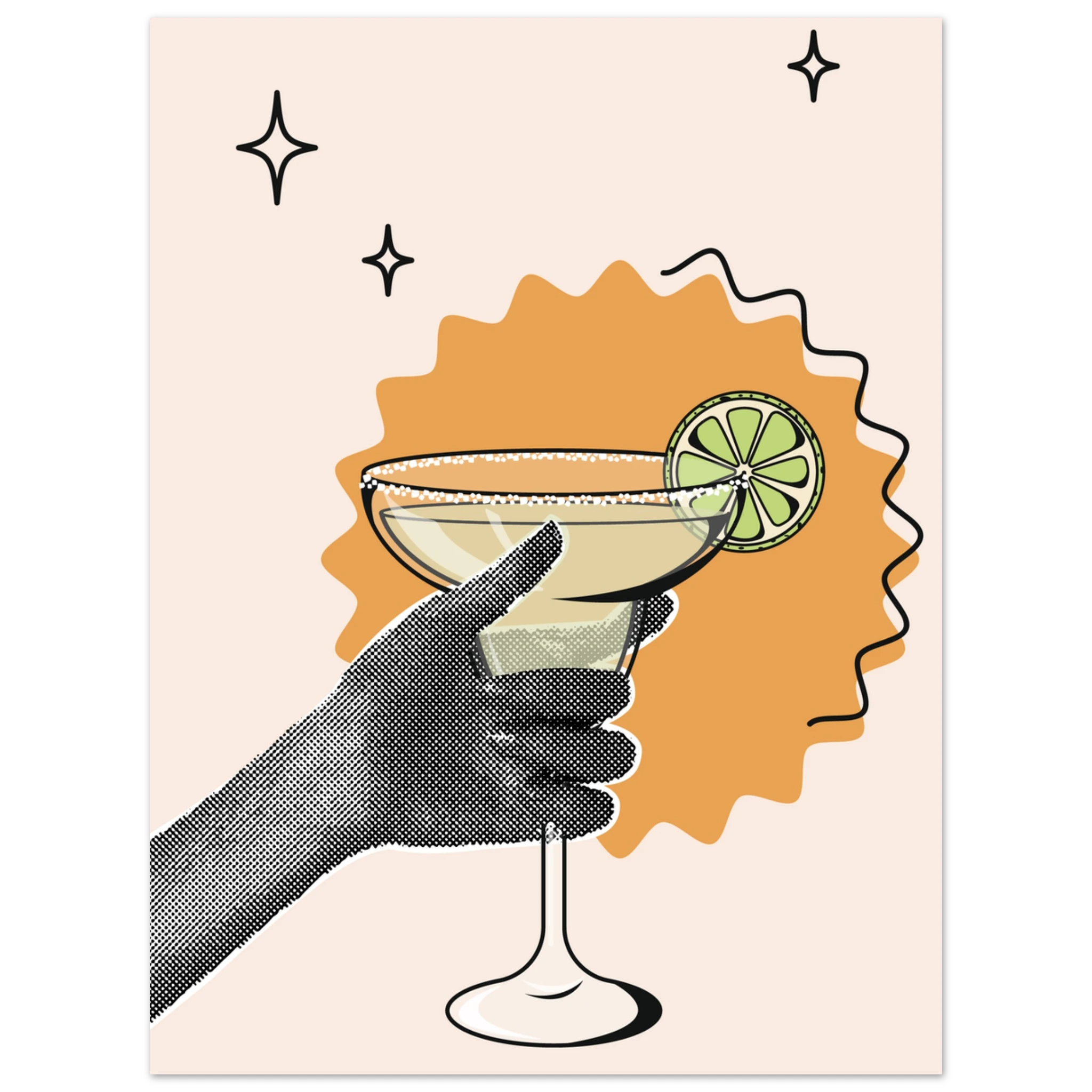Poster Cheers con mano stilizzata che regge cocktail margarita con lime, illustrazione grafica moderna wall art contemporanea
