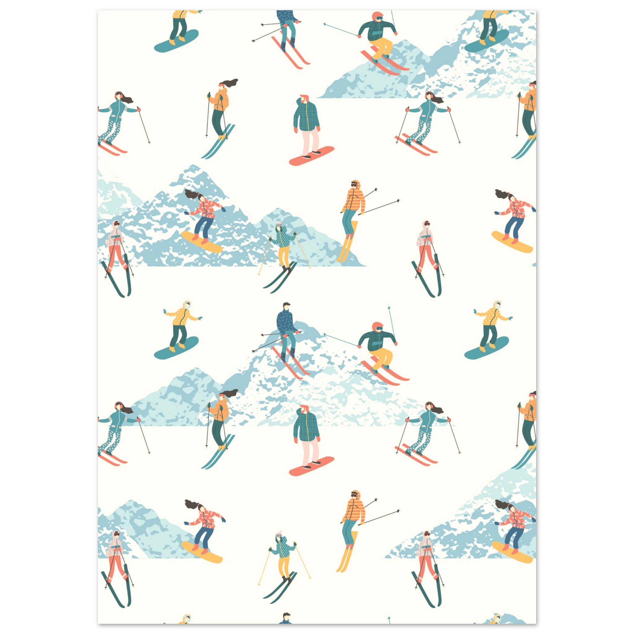 Poster sci illustrato con gruppo di sciatori e snowboarder, arte moderna di montagna