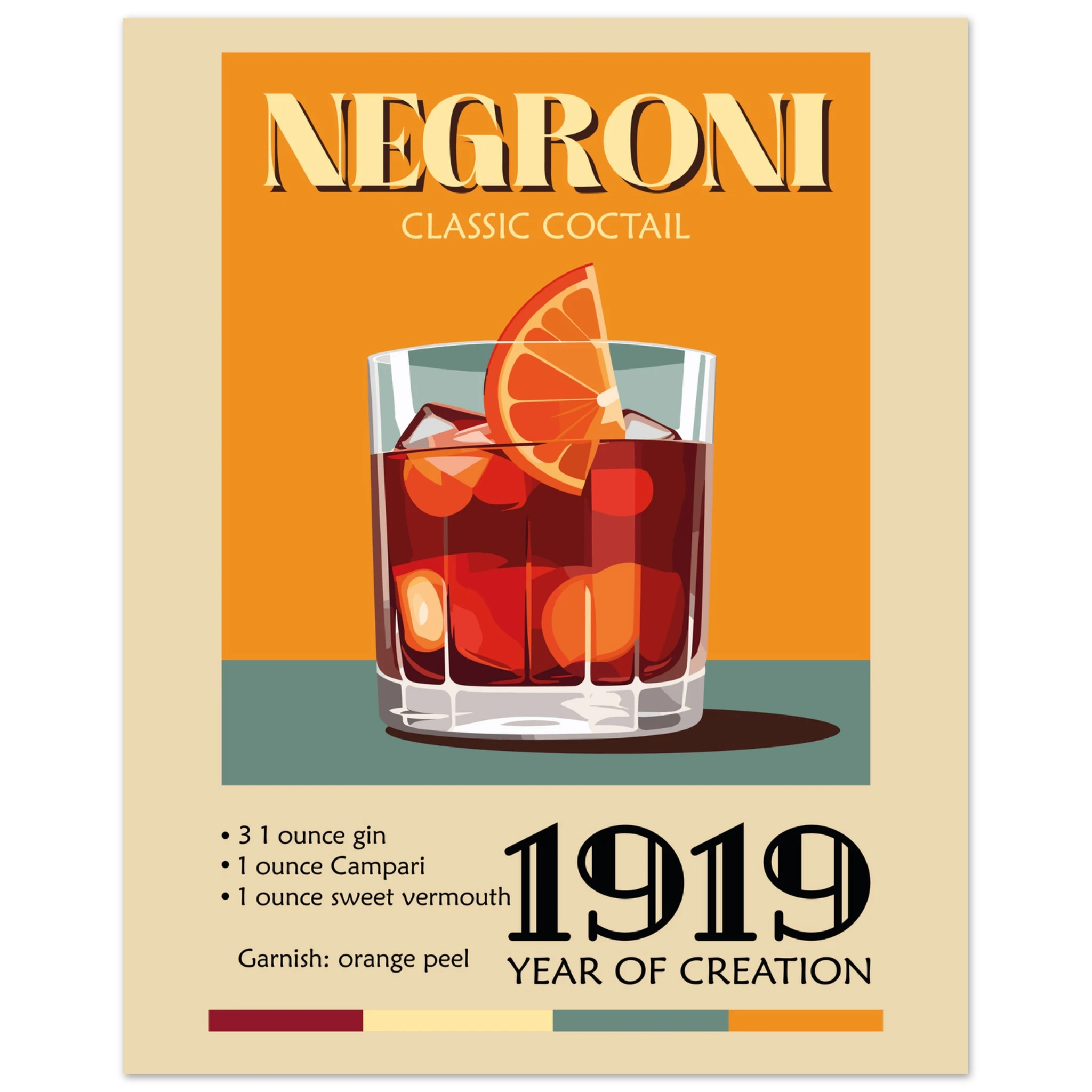 Poster illustrato Negroni in stile vintage con cocktail rosso, arancia e ricetta, perfetto per decorare un angolo bar o cucina moderna.