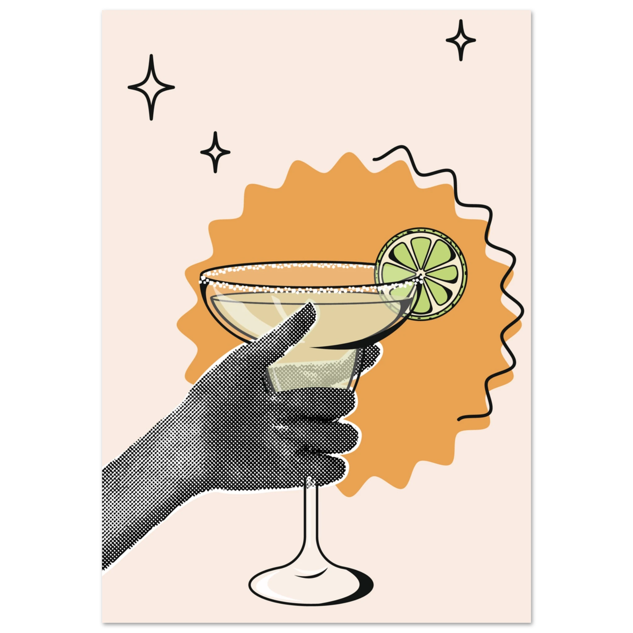 Poster Cheers con mano stilizzata che regge cocktail margarita con lime, illustrazione grafica moderna wall art contemporanea
