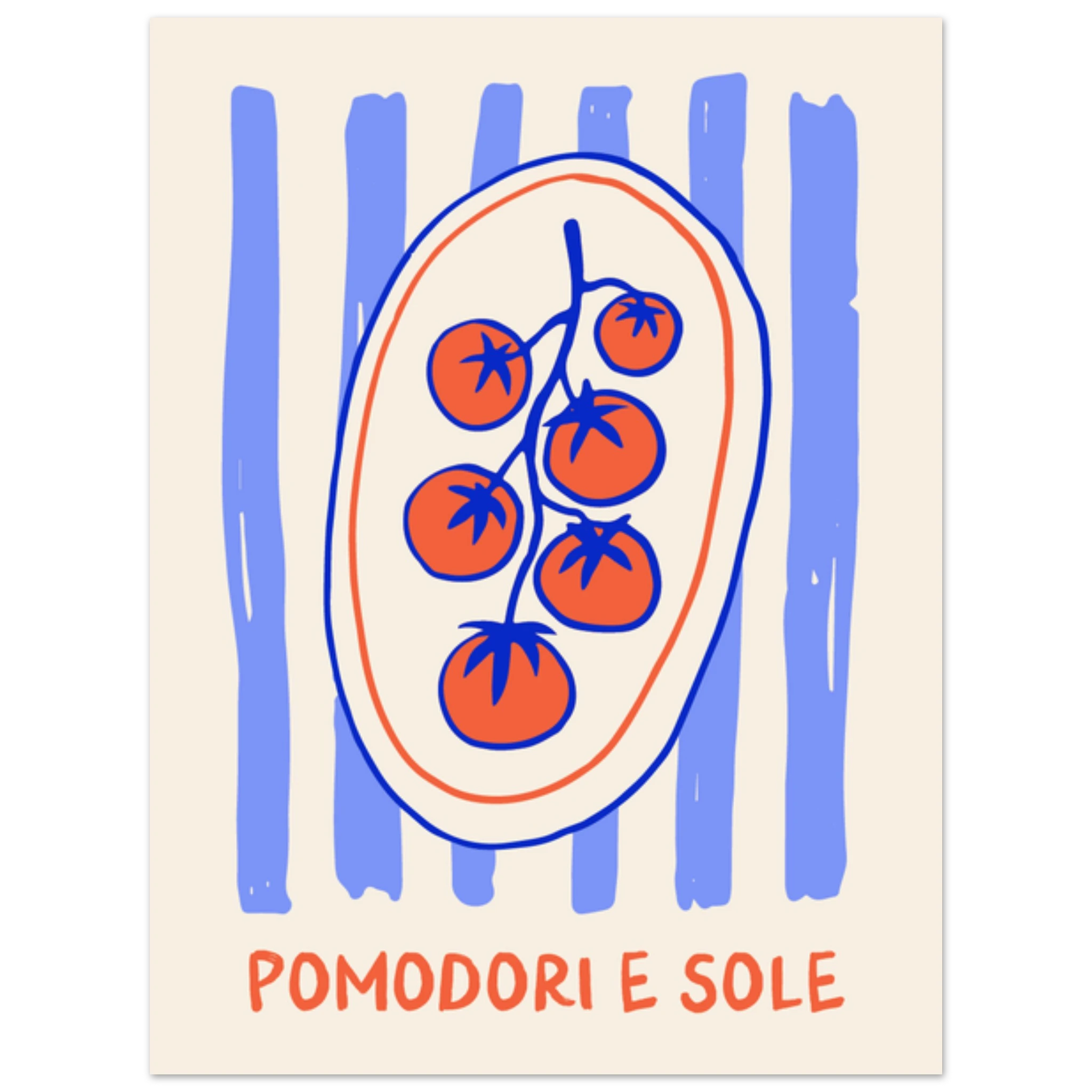 Poster illustrato con pomodori e sole, stile mediterraneo italiano