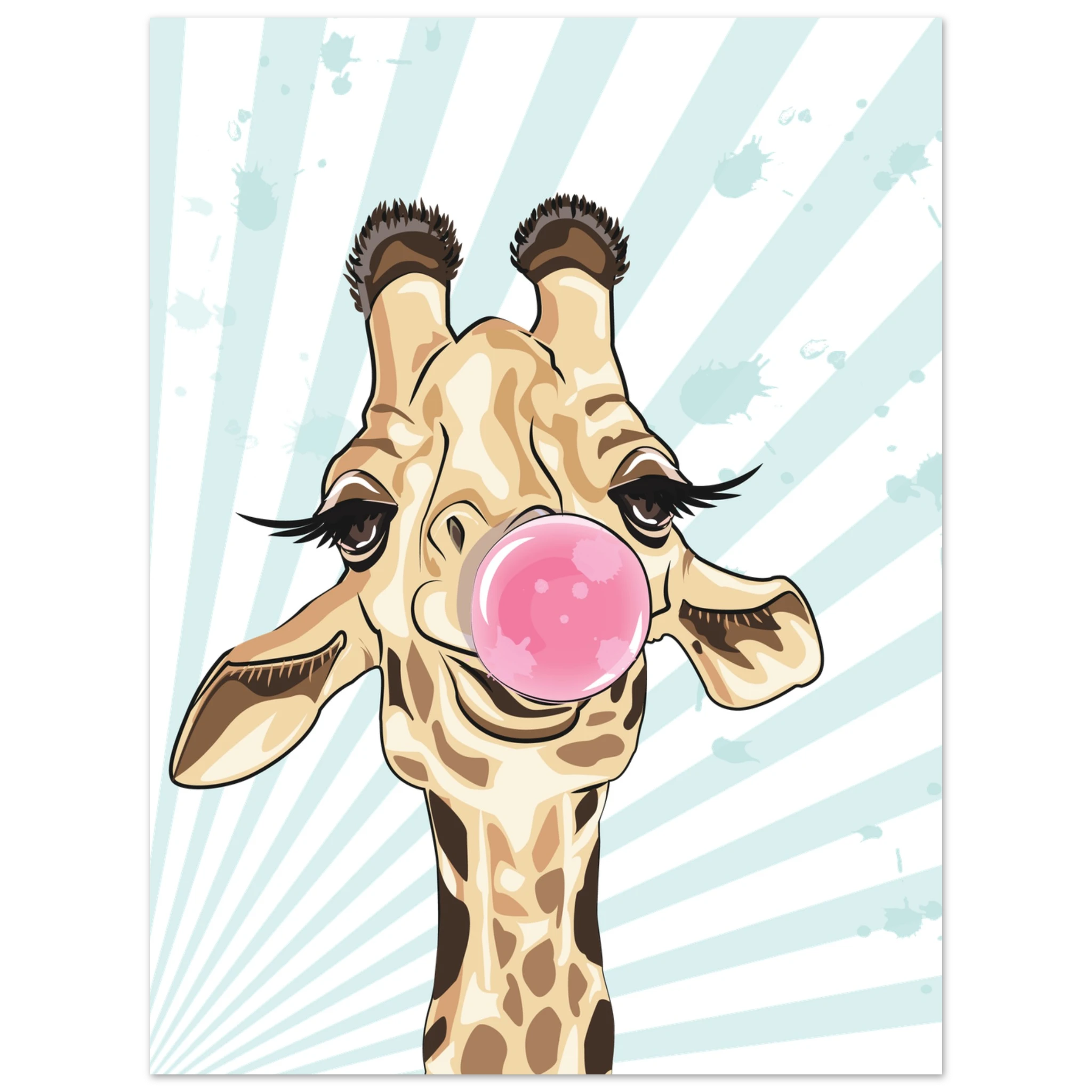 Poster con giraffa pop art che fa una bolla di chewing gum rosa, illustrazione moderna su sfondo azzurro