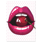 Poster pop art con bocca rosa lucida e ciliegia rossa, stile glamour moderno su sfondo chiaro con cuori