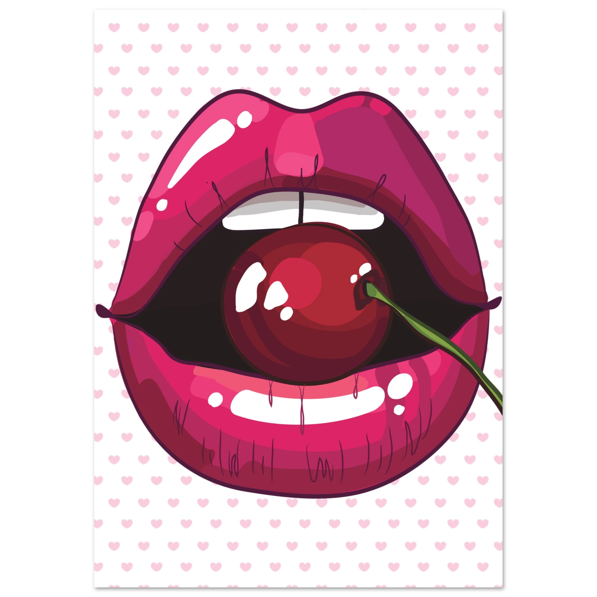 Poster pop art con bocca rosa lucida e ciliegia rossa, stile glamour moderno su sfondo chiaro con cuori