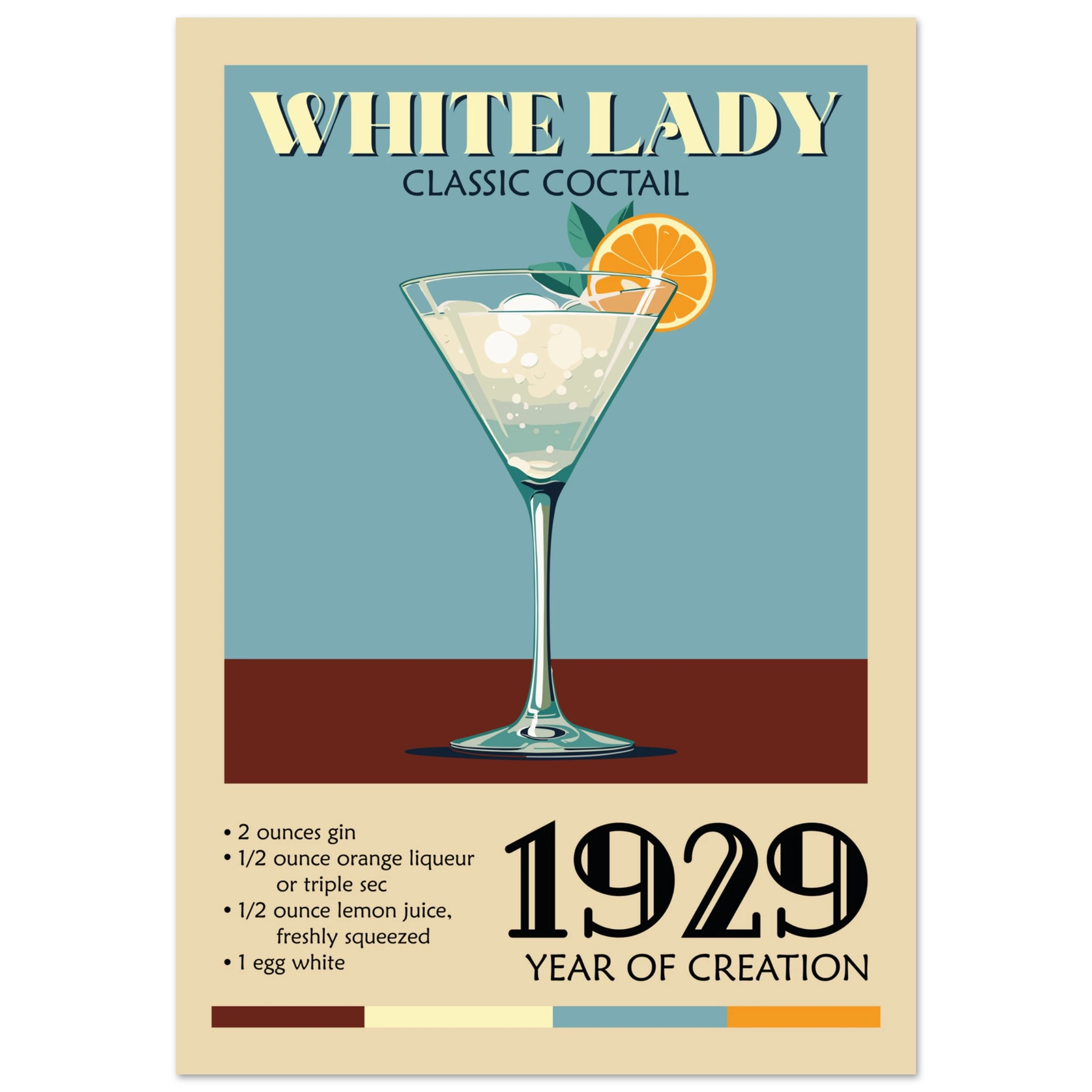 Poster White Lady cocktail vintage con bicchiere e scritta classic cocktail, stile retrò elegante