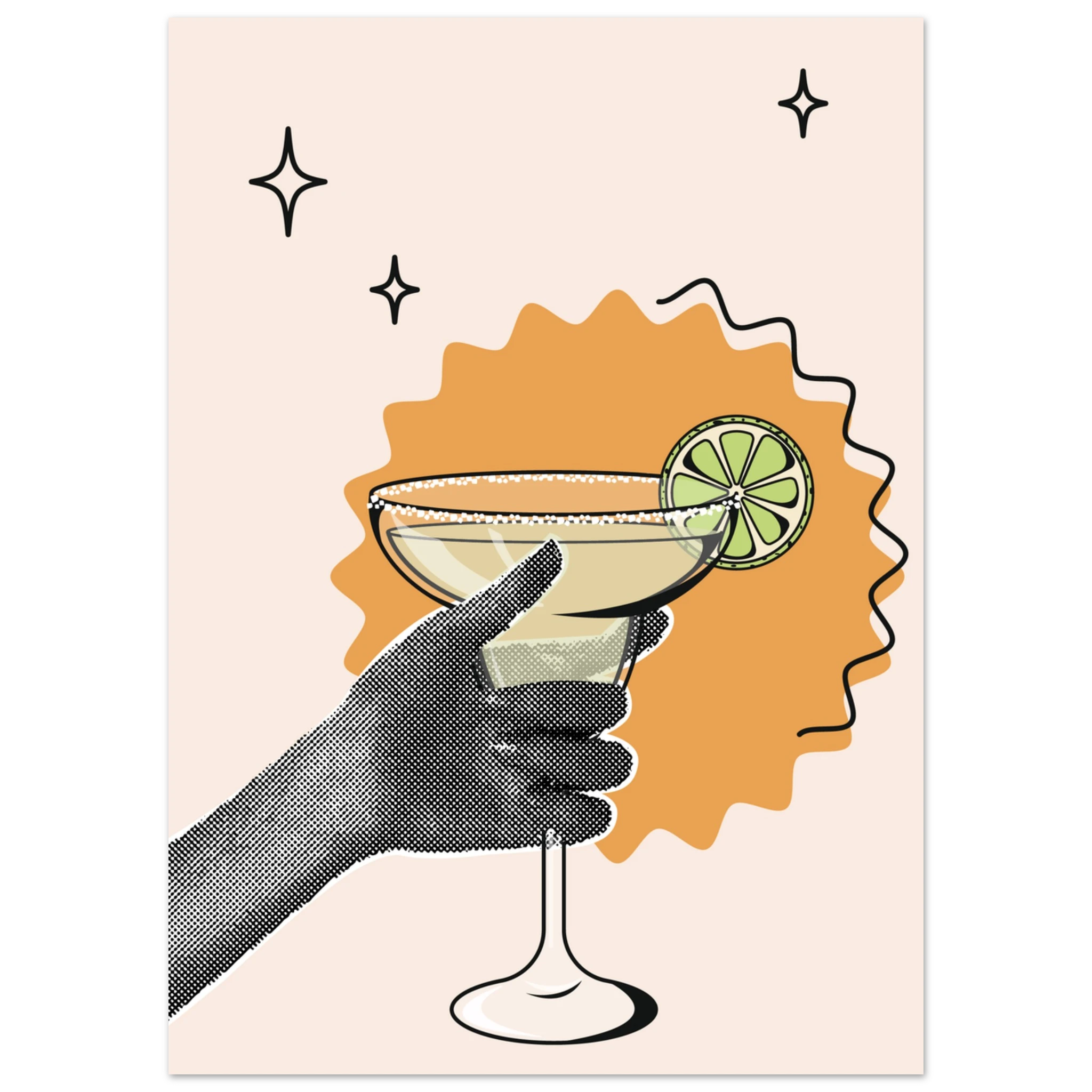 Poster Cheers con mano stilizzata che regge cocktail margarita con lime, illustrazione grafica moderna wall art contemporanea
