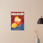 Poster illustrato Campari con bicchiere rosso e limone, stile pop art italiano rétro, grafica elegante da parete.