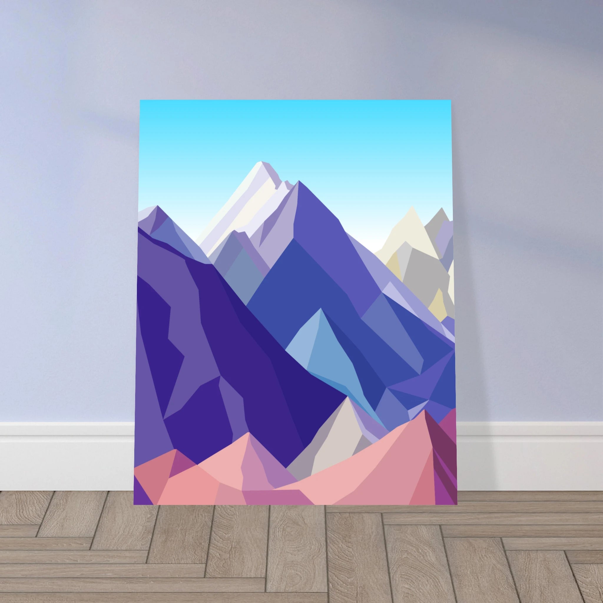 Poster montagna in stile arte moderna con vette colorate stilizzate