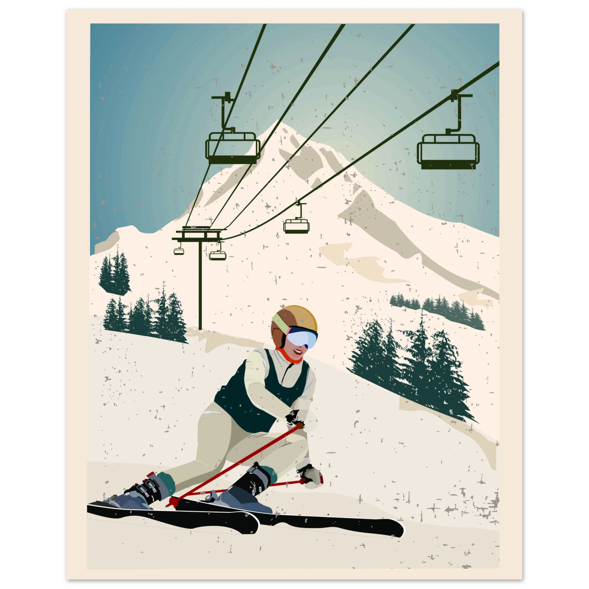 Poster Discesa Alpina con sciatore in discesa e paesaggio montano innevato, arte grafica moderna wall art sportiva
