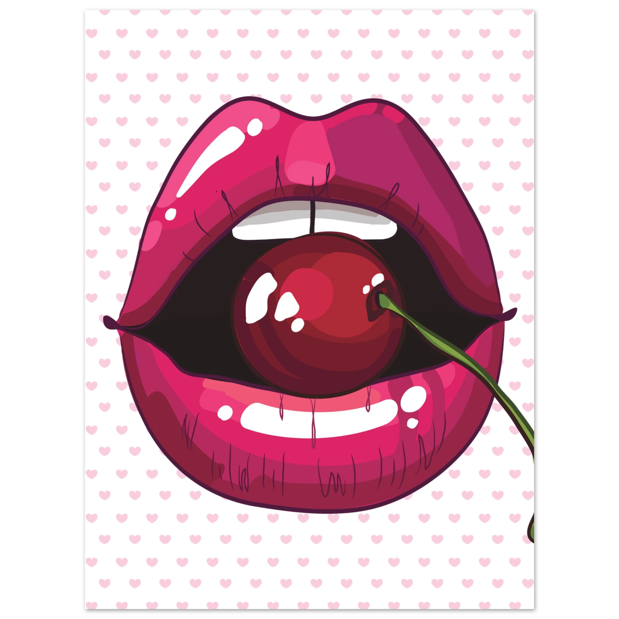 Poster pop art con bocca rosa lucida e ciliegia rossa, stile glamour moderno su sfondo chiaro con cuori