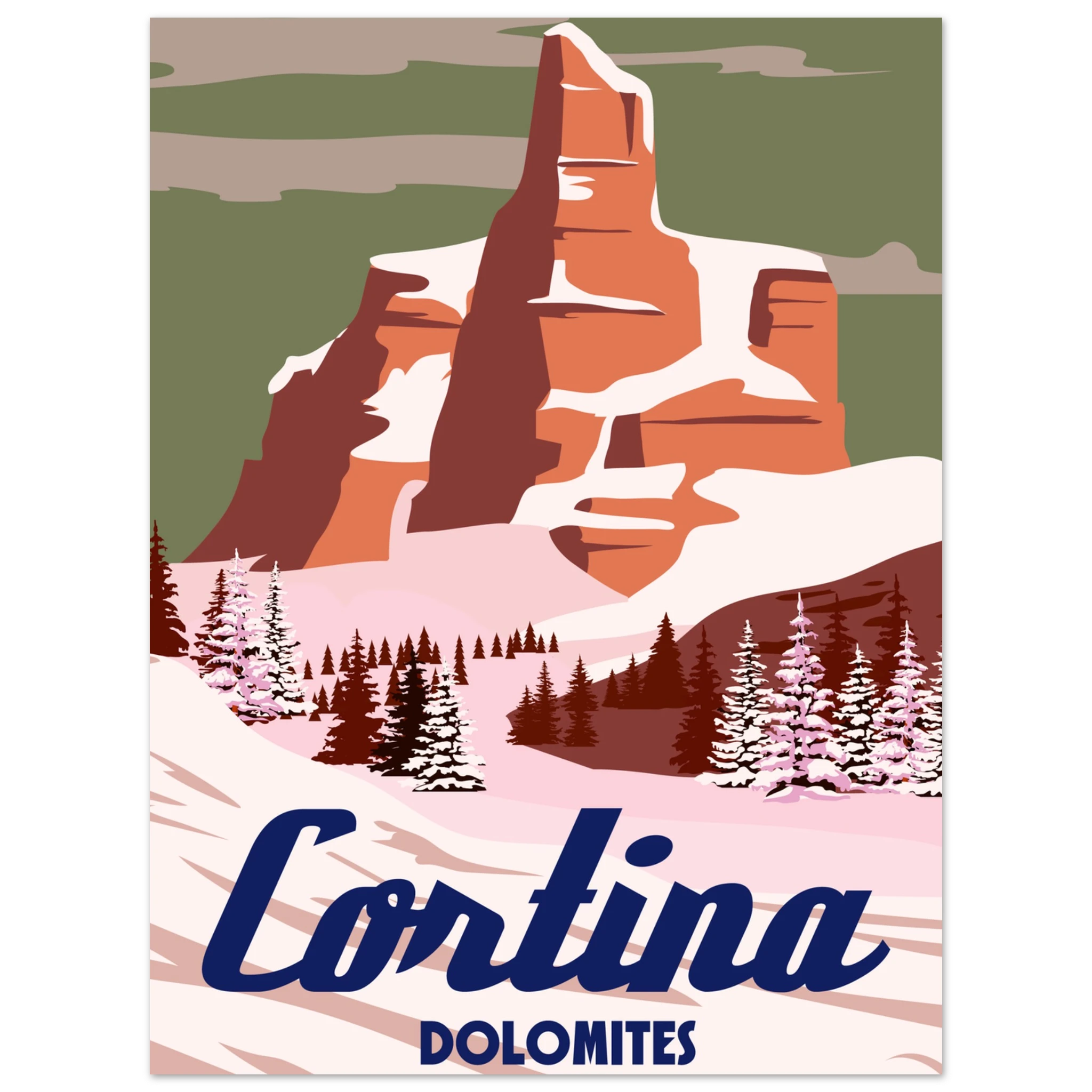 Poster illustrato di Cortina ispirato alle Alpi e agli sport invernali, in stile iconico e contemporaneo