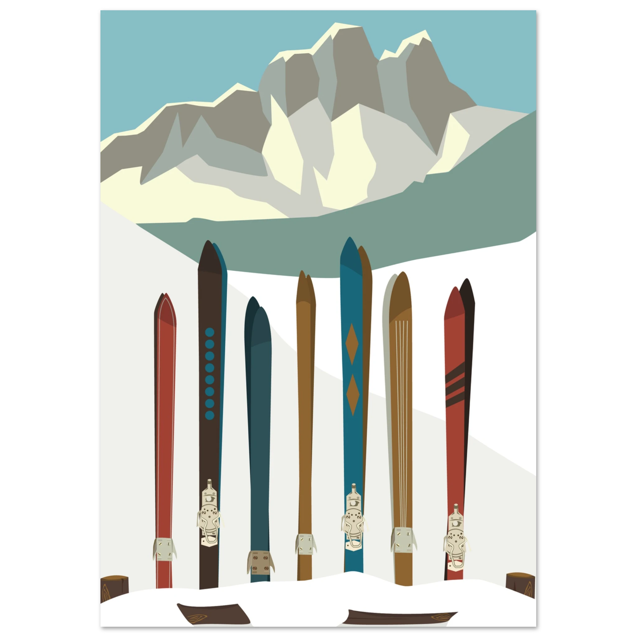 Poster montagna illustrato con sci colorati sulla neve, stile vintage alpino