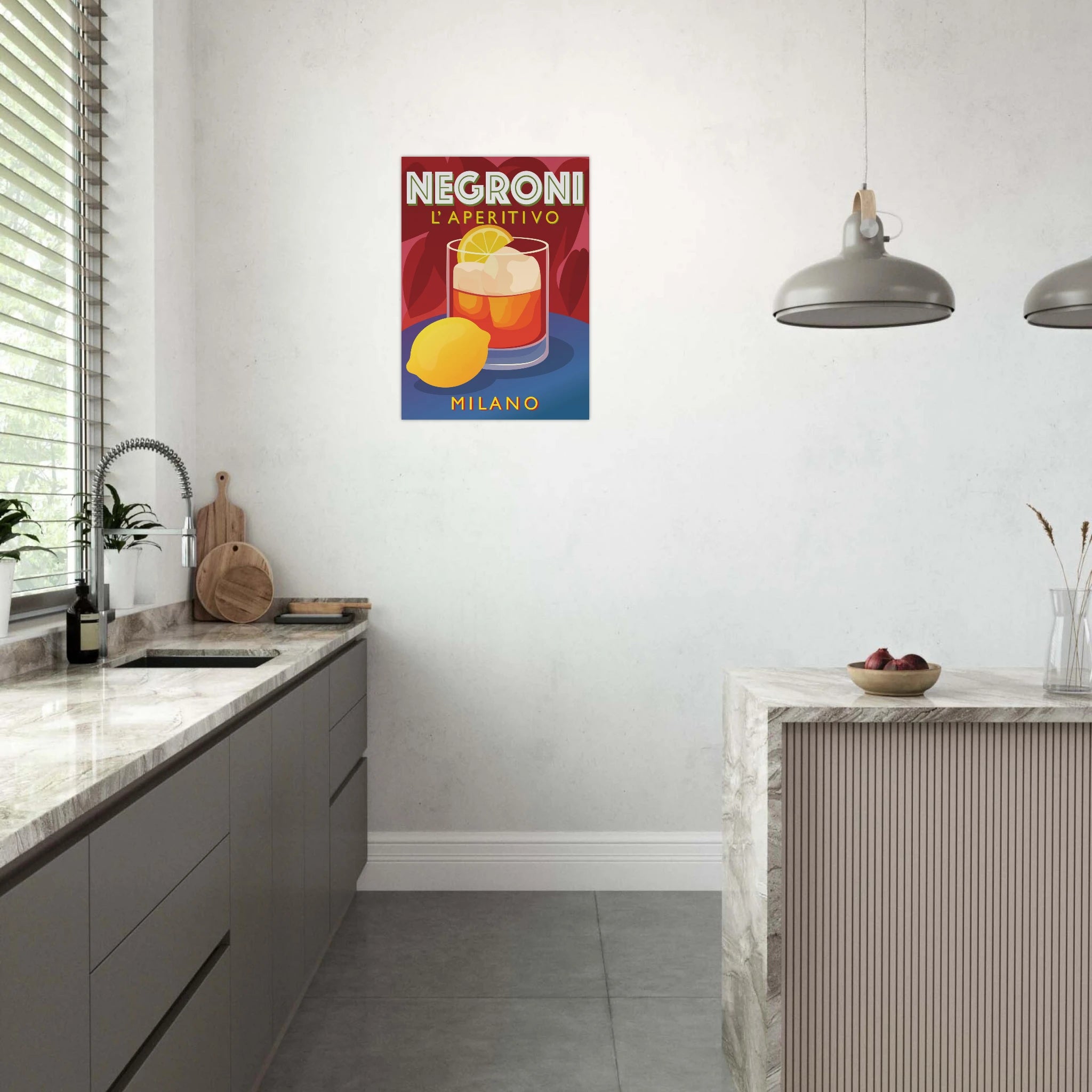 Poster illustrato Campari con bicchiere rosso e limone, stile pop art italiano rétro, grafica elegante da parete.