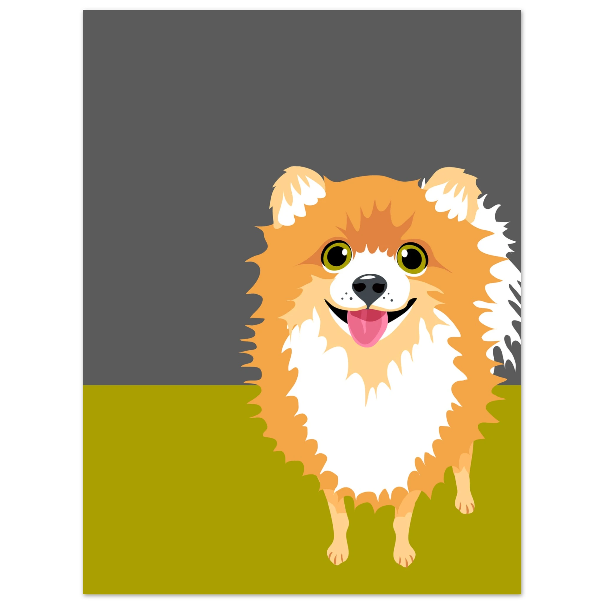 Poster pop art con illustrazione di un volpino, cane soffice e simpatico, decorazione moderna per casa e amanti dei cani.