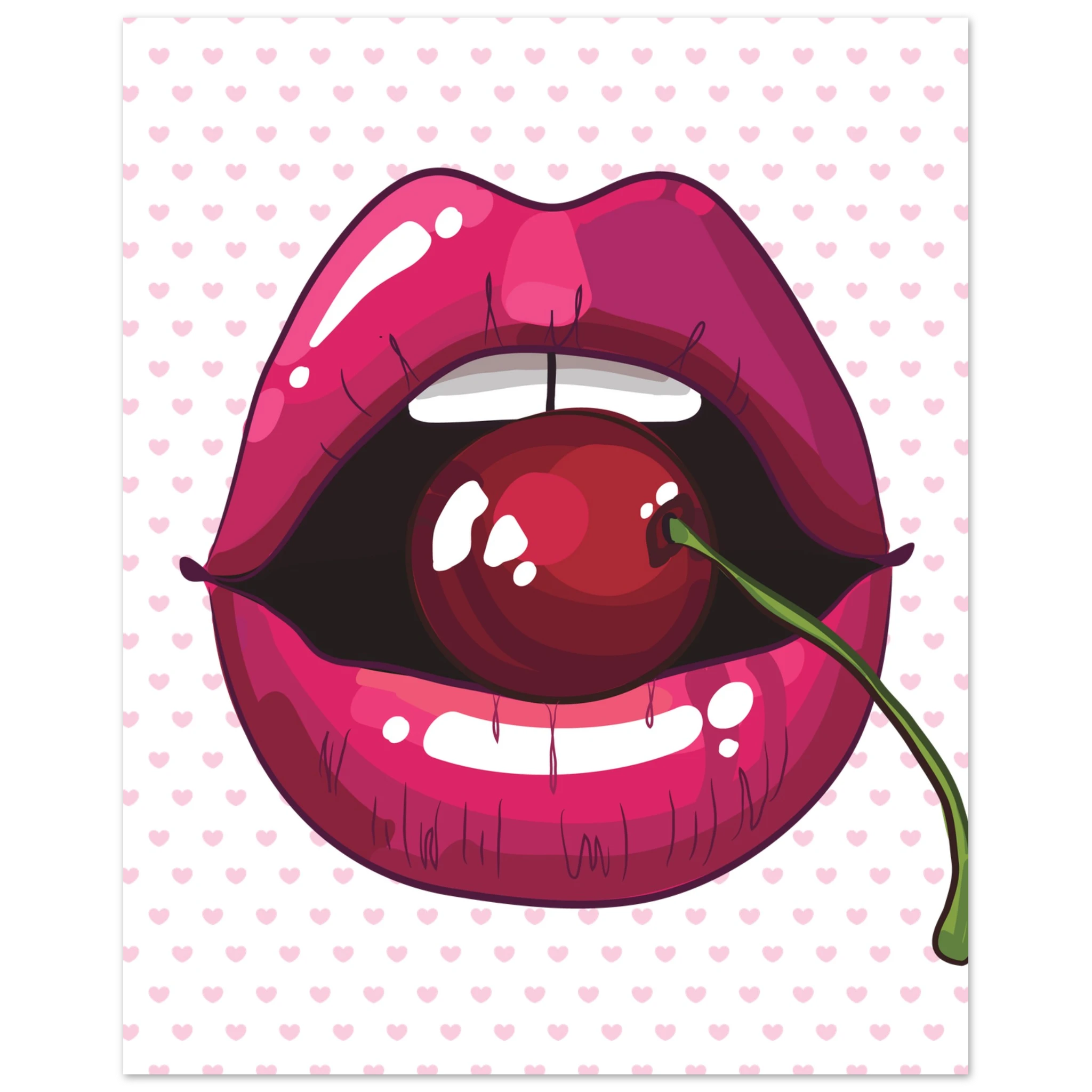 Poster pop art con bocca rosa lucida e ciliegia rossa, stile glamour moderno su sfondo chiaro con cuori