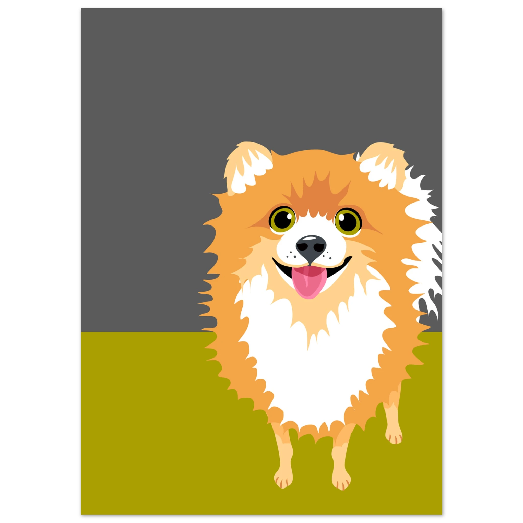 Poster pop art con illustrazione di un volpino, cane soffice e simpatico, decorazione moderna per casa e amanti dei cani.