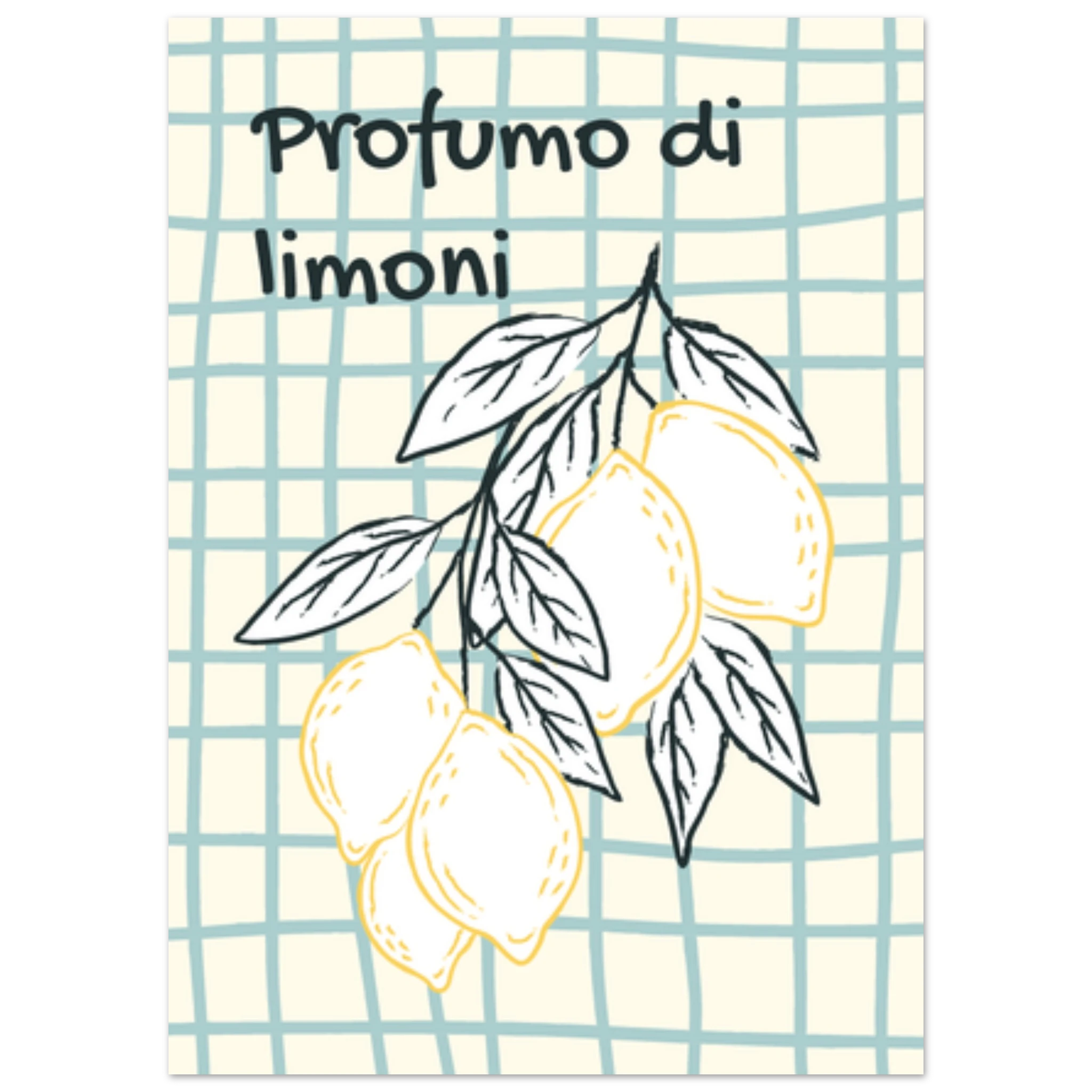 Poster illustrato con limoni e foglie, stile mediterraneo italiano