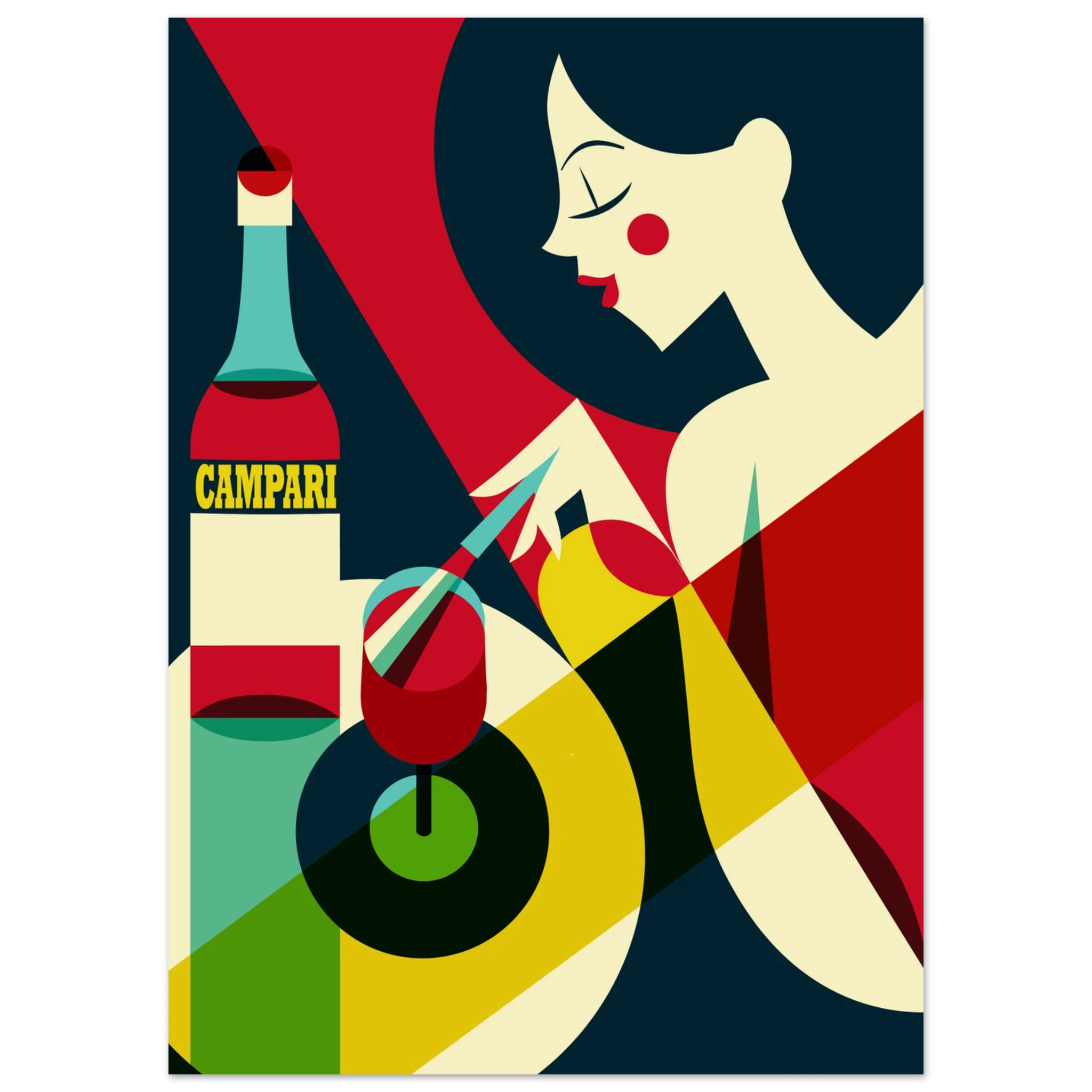 Poster vintage Campari con donna stilizzata e bottiglia, grafica retrò da aperitivo italiano