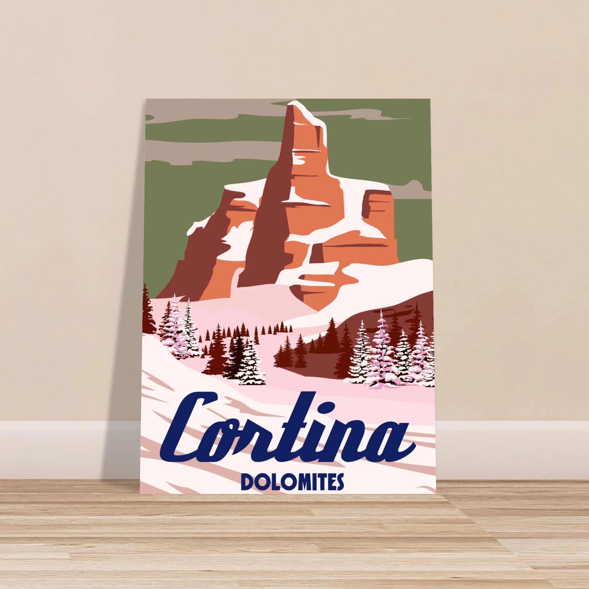 Poster illustrato di Cortina ispirato alle Alpi e agli sport invernali, in stile iconico e contemporaneo