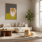 Poster pop art con illustrazione di un volpino, cane soffice e simpatico, decorazione moderna per casa e amanti dei cani.