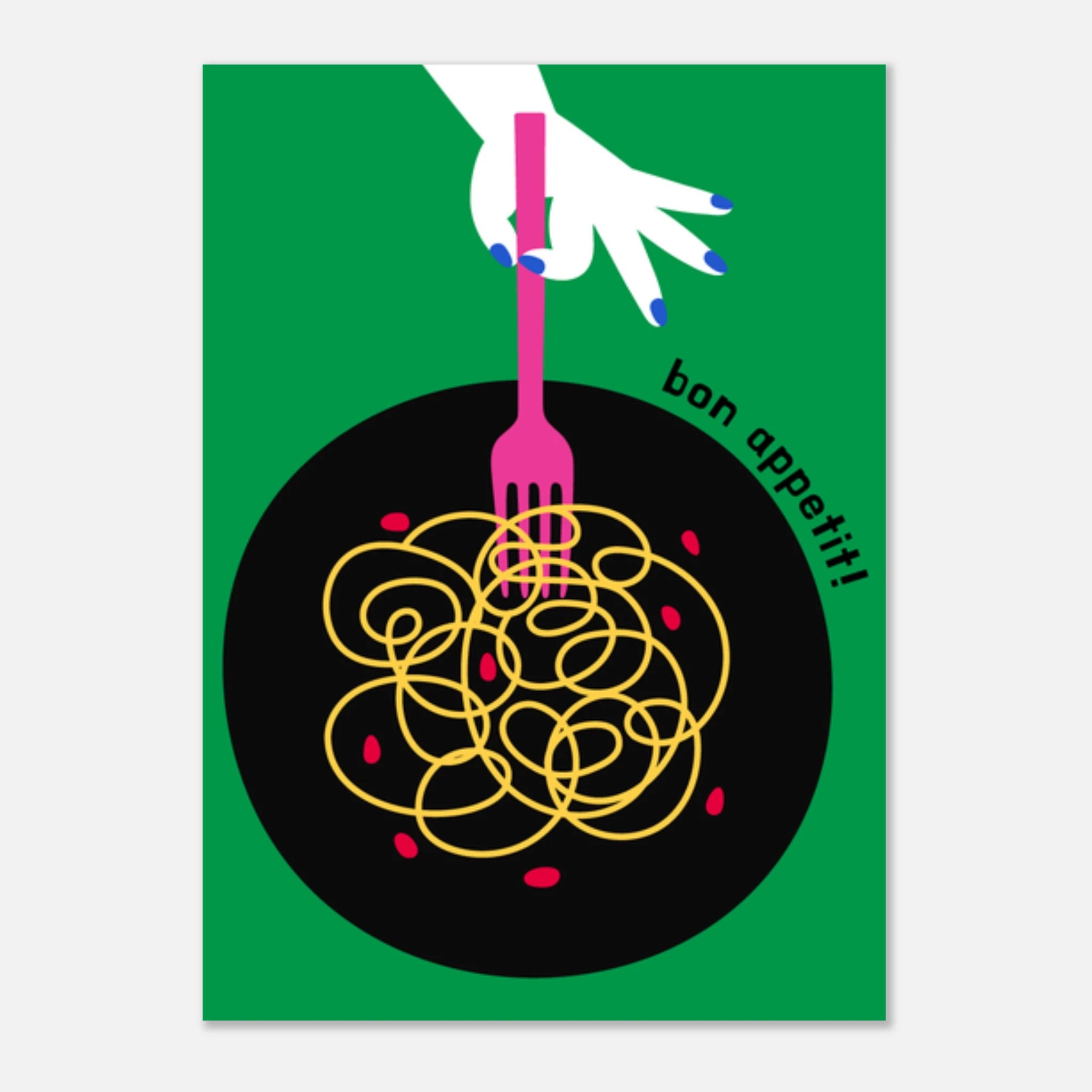 Poster illustrato con piatto di pasta in stile moderno, convivialità italiana