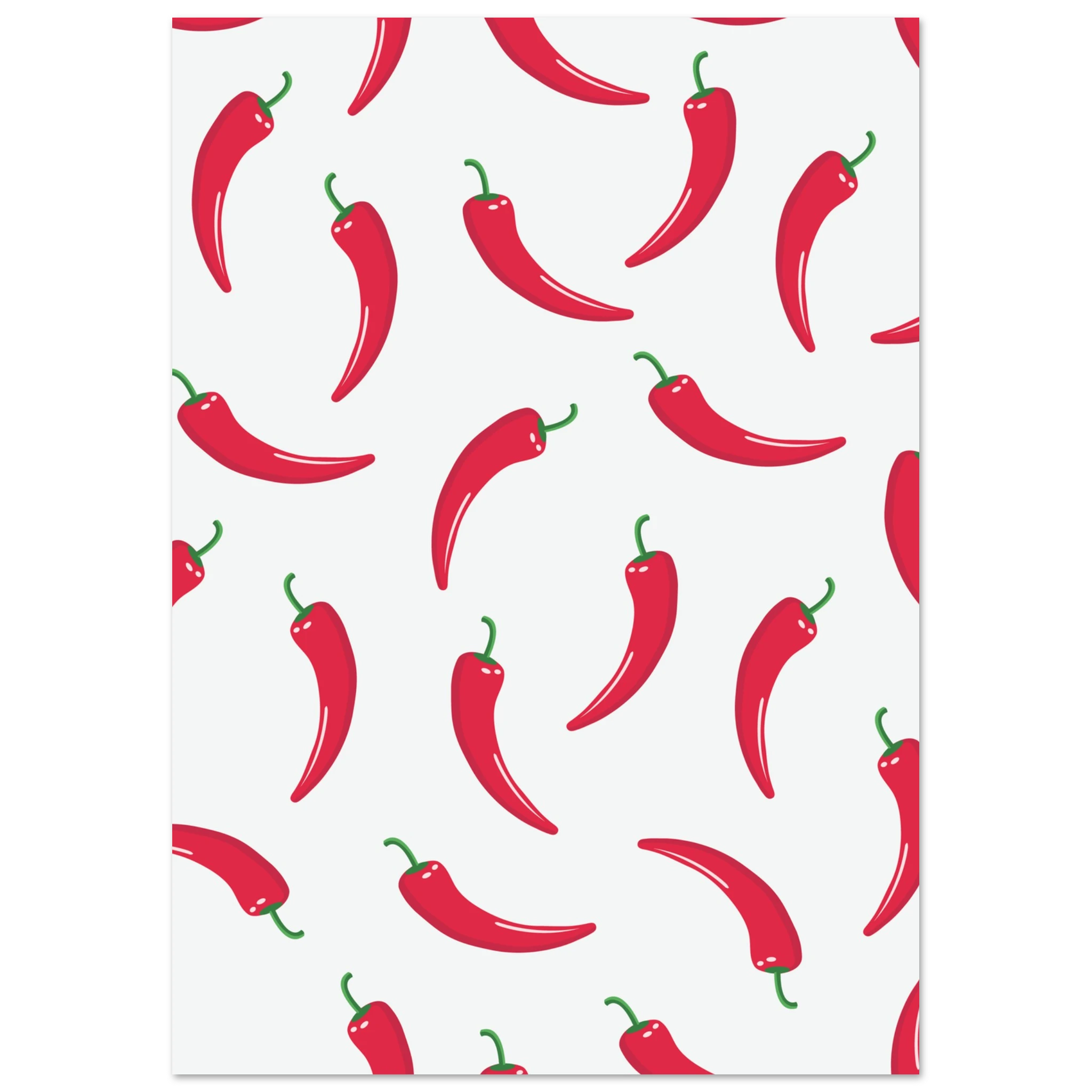 Poster con peperoncini rossi ripetuti su sfondo bianco, stile pop art moderno e minimal.