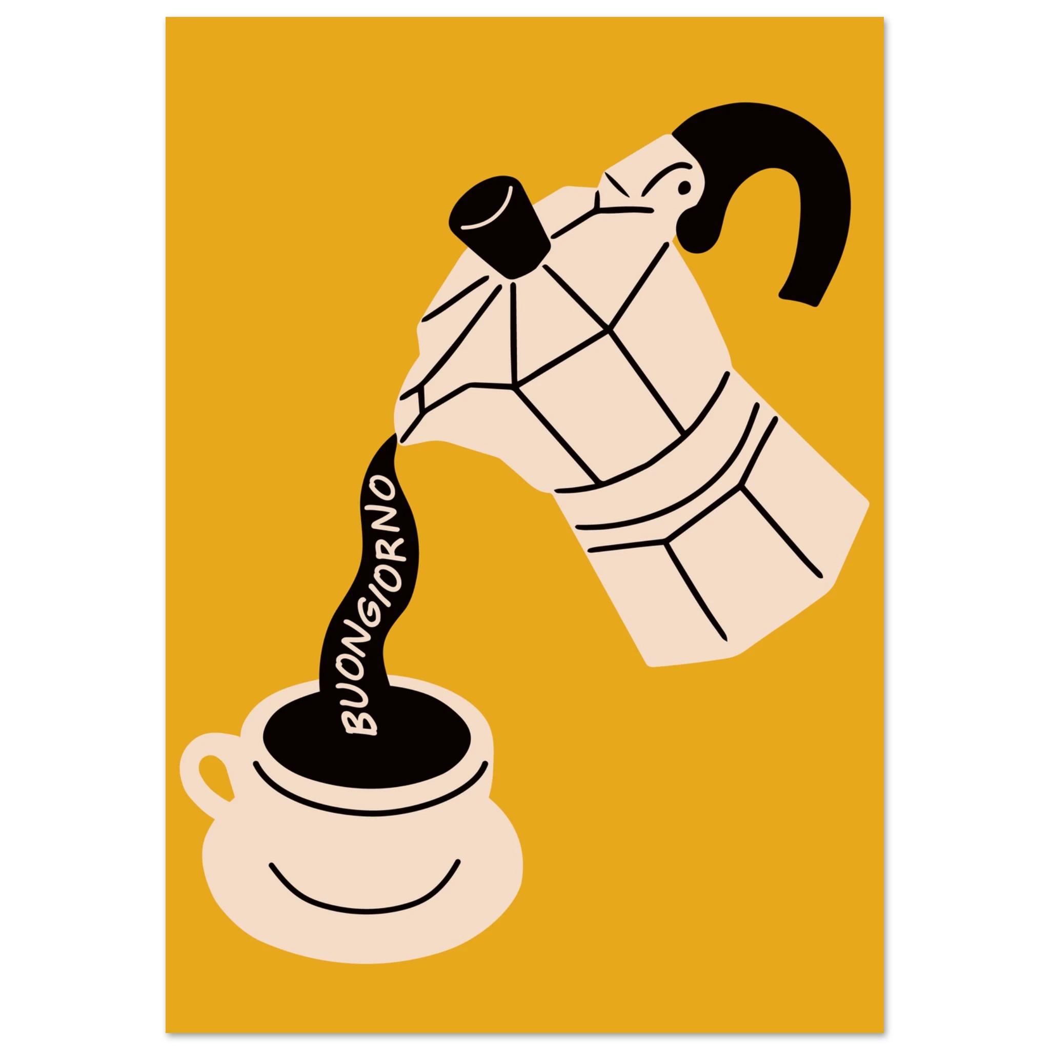 Poster illustrato con tazza di caffè, rito quotidiano italiano