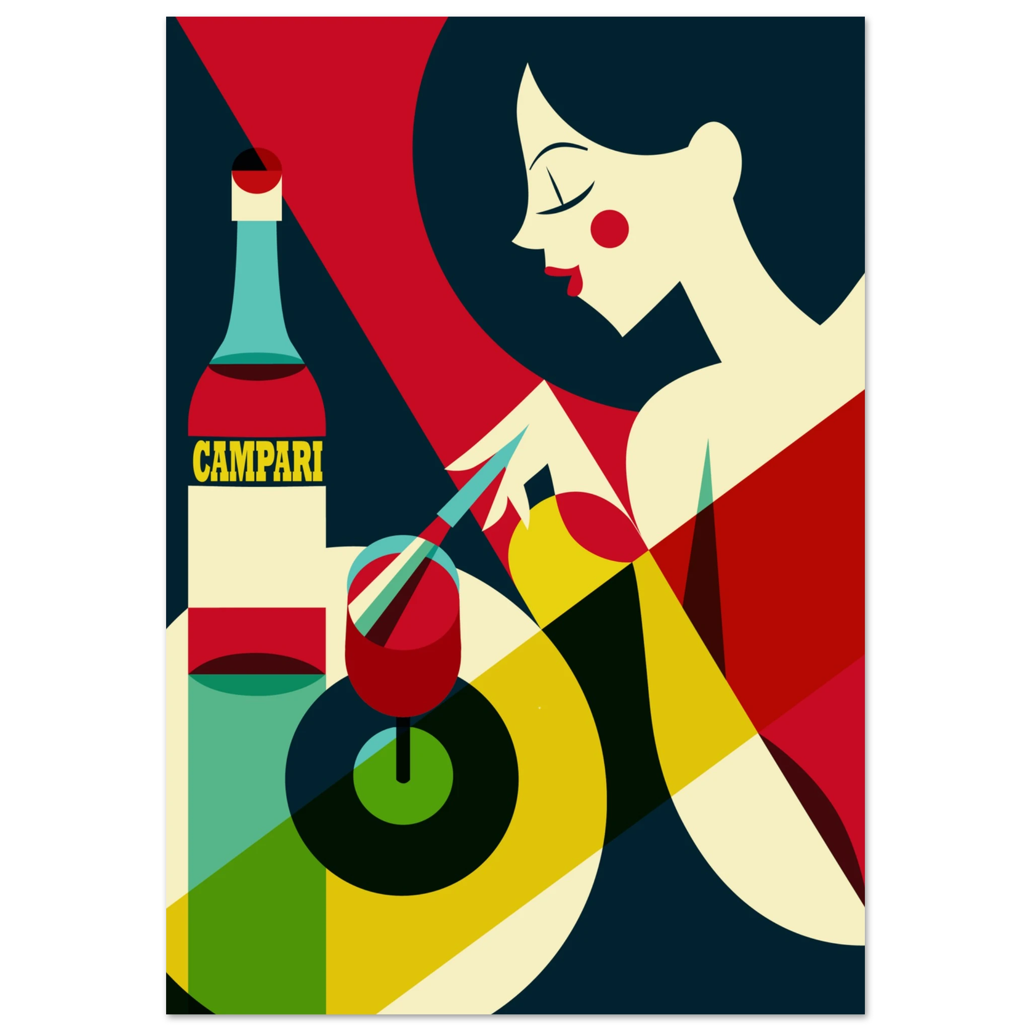 Poster vintage Campari con donna stilizzata e bottiglia, grafica retrò da aperitivo italiano