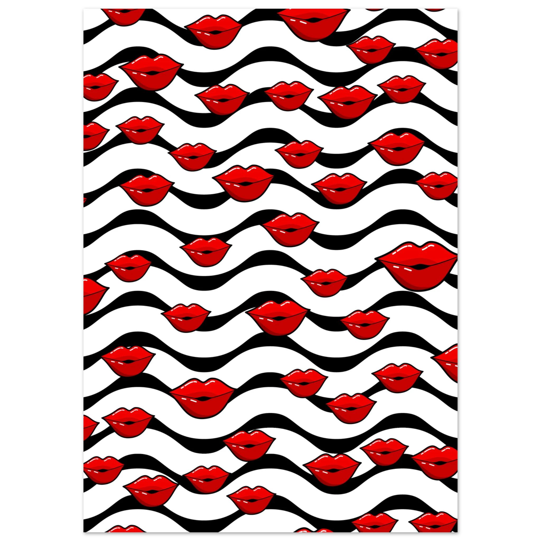 Poster pop art con labbra rosse ripetute su sfondo bianco e onde nere, pattern grafico moderno da parete