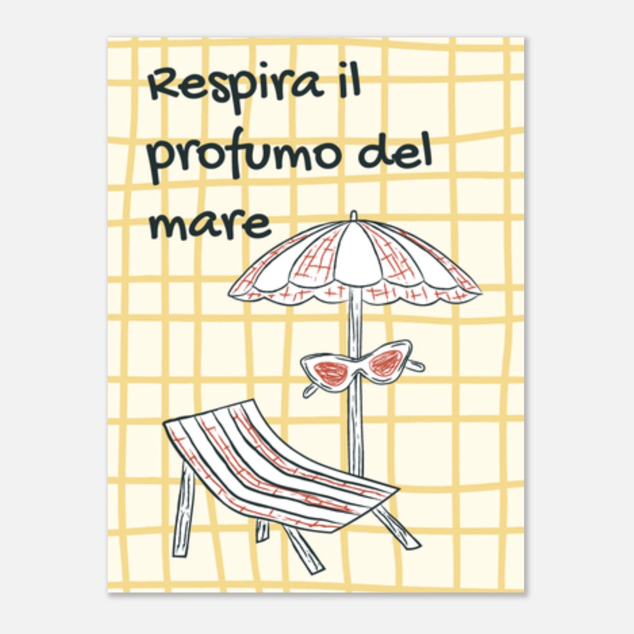 Poster illustrato con ombrellone e sdraio, mare e stile di vita mediterraneo