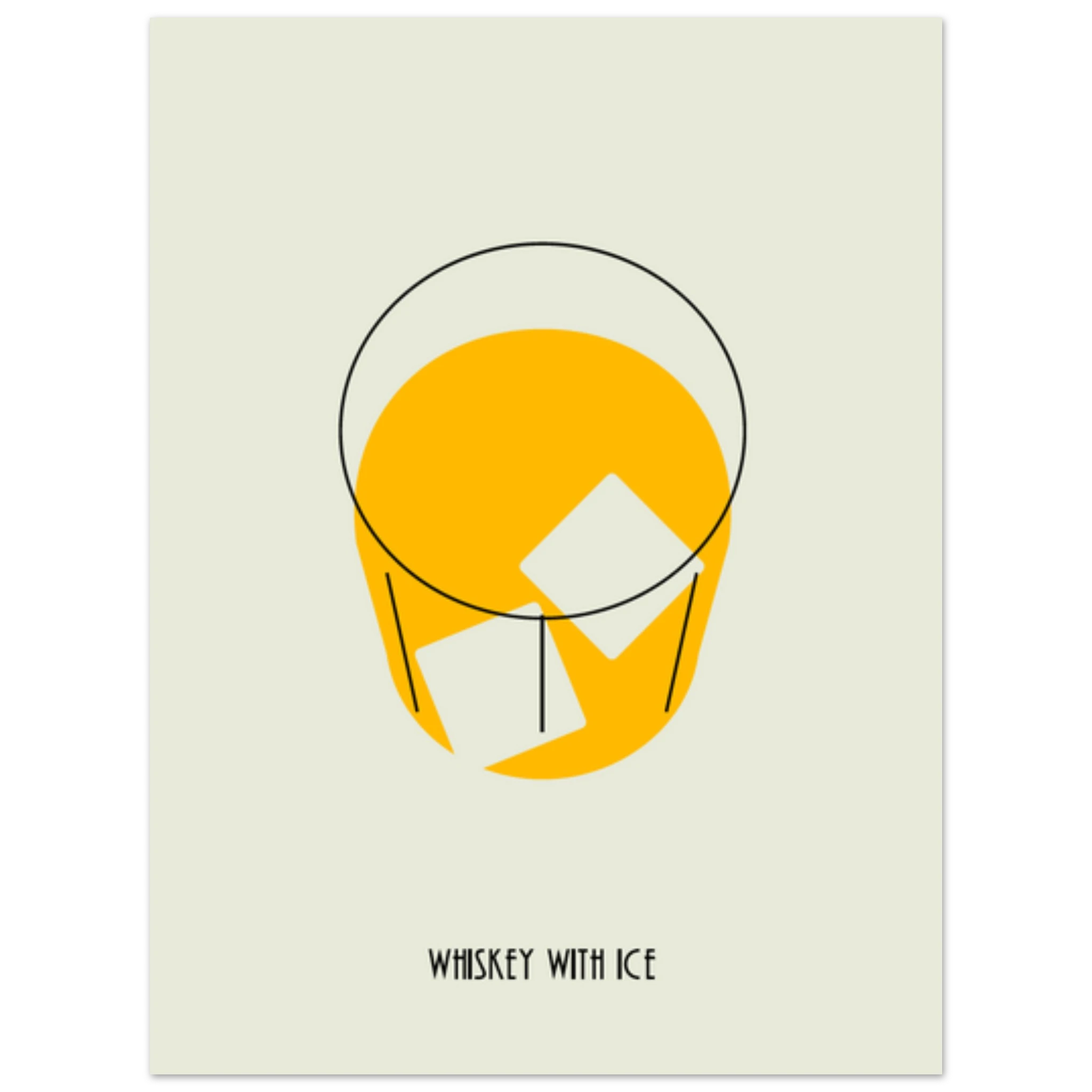 Poster minimal Whiskey with Ice con bicchiere stilizzato e ghiaccio, design moderno elegante