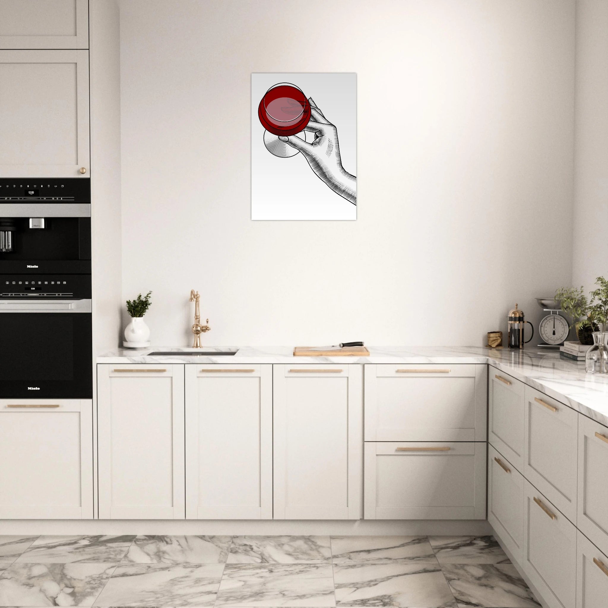 Poster minimal con mano illustrata che regge un bicchiere di vino rosso, line art moderna