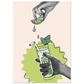 Illustrazione collage: una mano tiene un bicchiere con cannuccia e foglie di menta mentre un lime viene spremuto sopra, con gocce di succo.