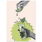 Illustrazione collage: una mano tiene un bicchiere con cannuccia e foglie di menta mentre un lime viene spremuto sopra, con gocce di succo.