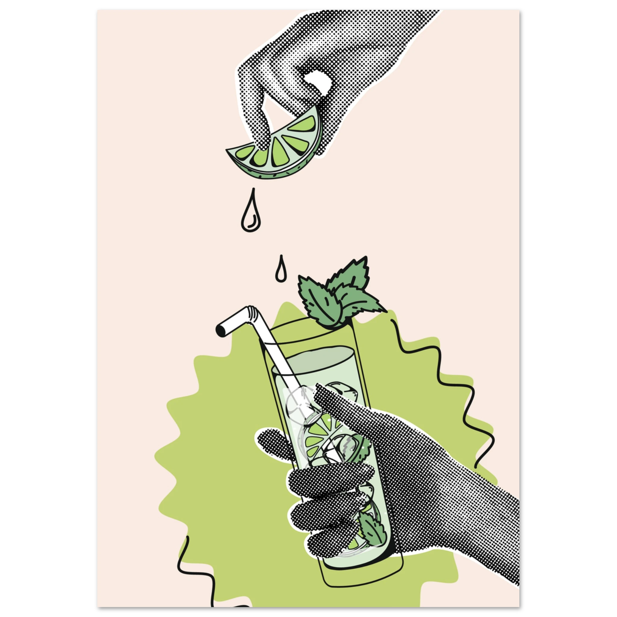 Illustrazione collage: una mano tiene un bicchiere con cannuccia e foglie di menta mentre un lime viene spremuto sopra, con gocce di succo.