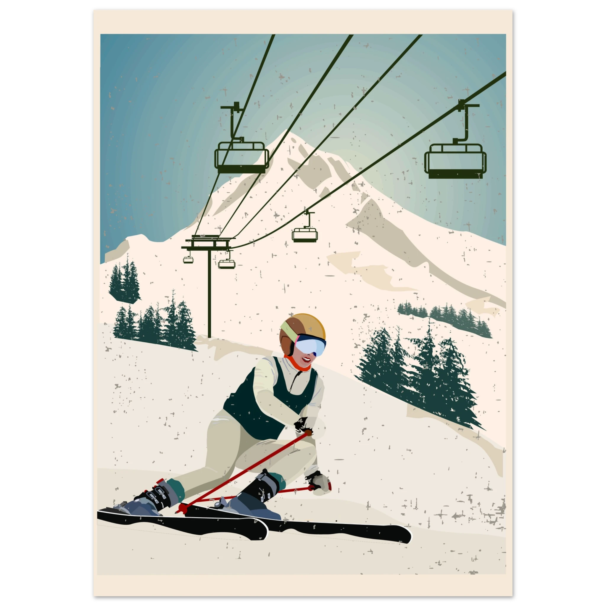 Poster Discesa Alpina con sciatore in discesa e paesaggio montano innevato, arte grafica moderna wall art sportiva
