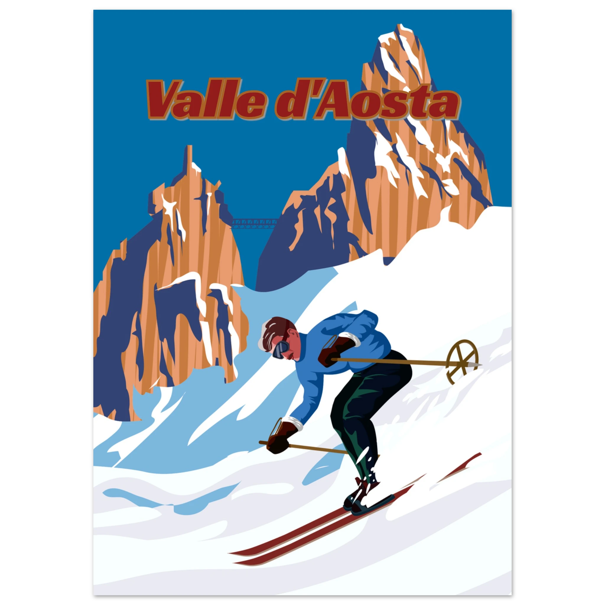 Poster Valle d’Aosta con sciatore in discesa e montagne alpine, illustrazione grafica moderna stile travel vintage wall art
