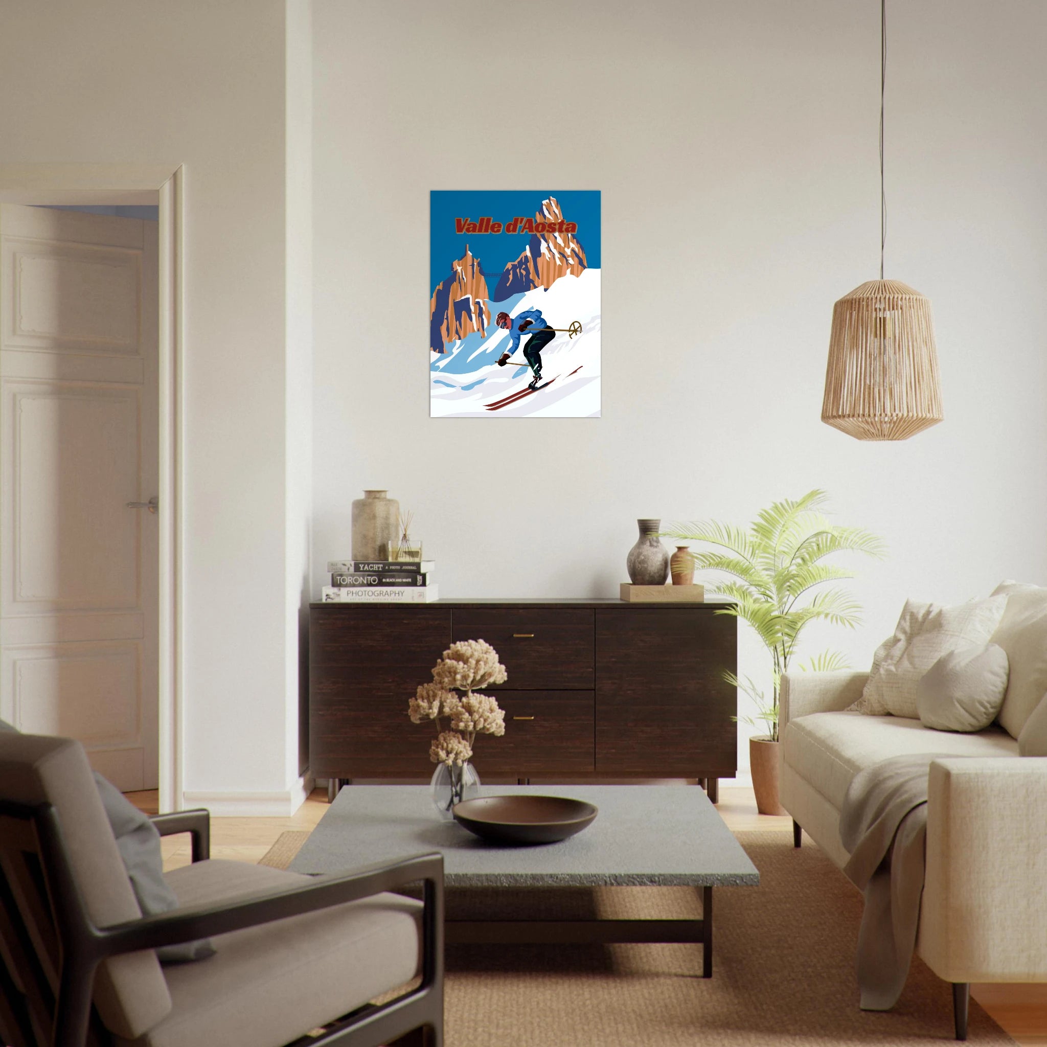 Poster Valle d’Aosta con sciatore in discesa e montagne alpine, illustrazione grafica moderna stile travel vintage wall art
