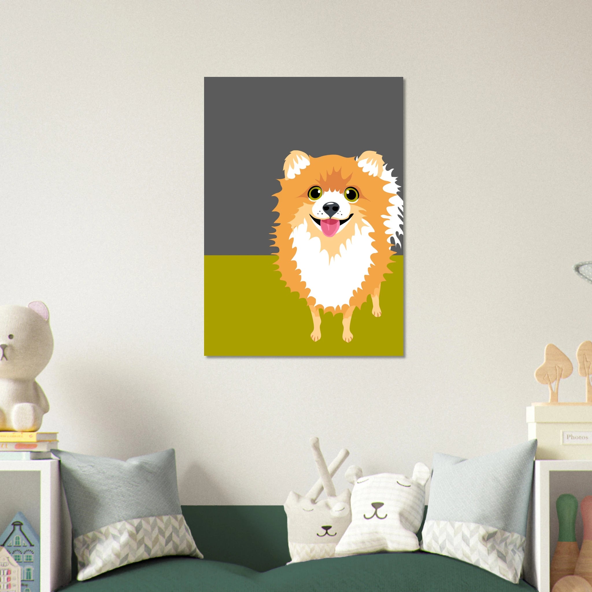 Poster pop art con illustrazione di un volpino, cane soffice e simpatico, decorazione moderna per casa e amanti dei cani.