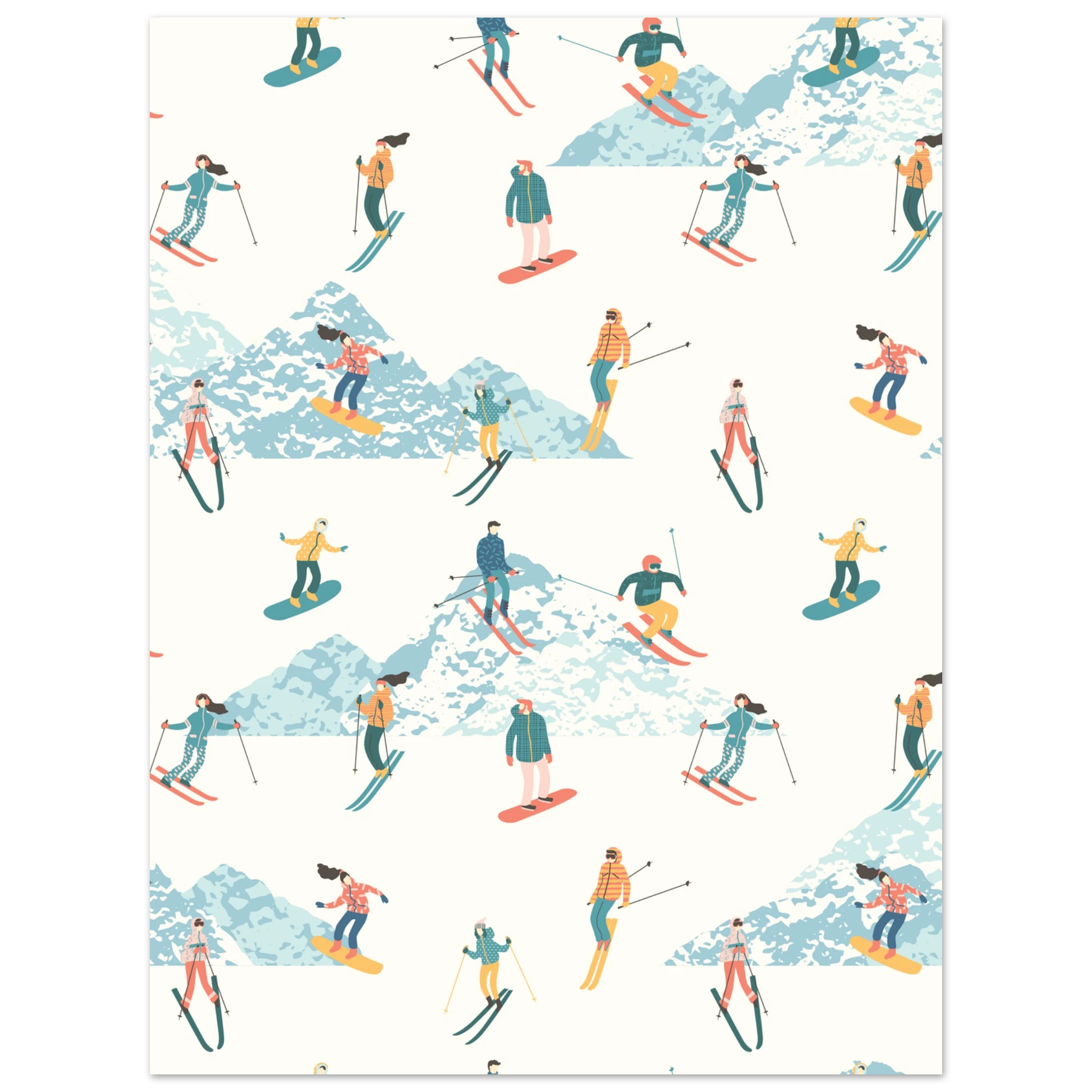 Poster sci illustrato con gruppo di sciatori e snowboarder, arte moderna di montagna