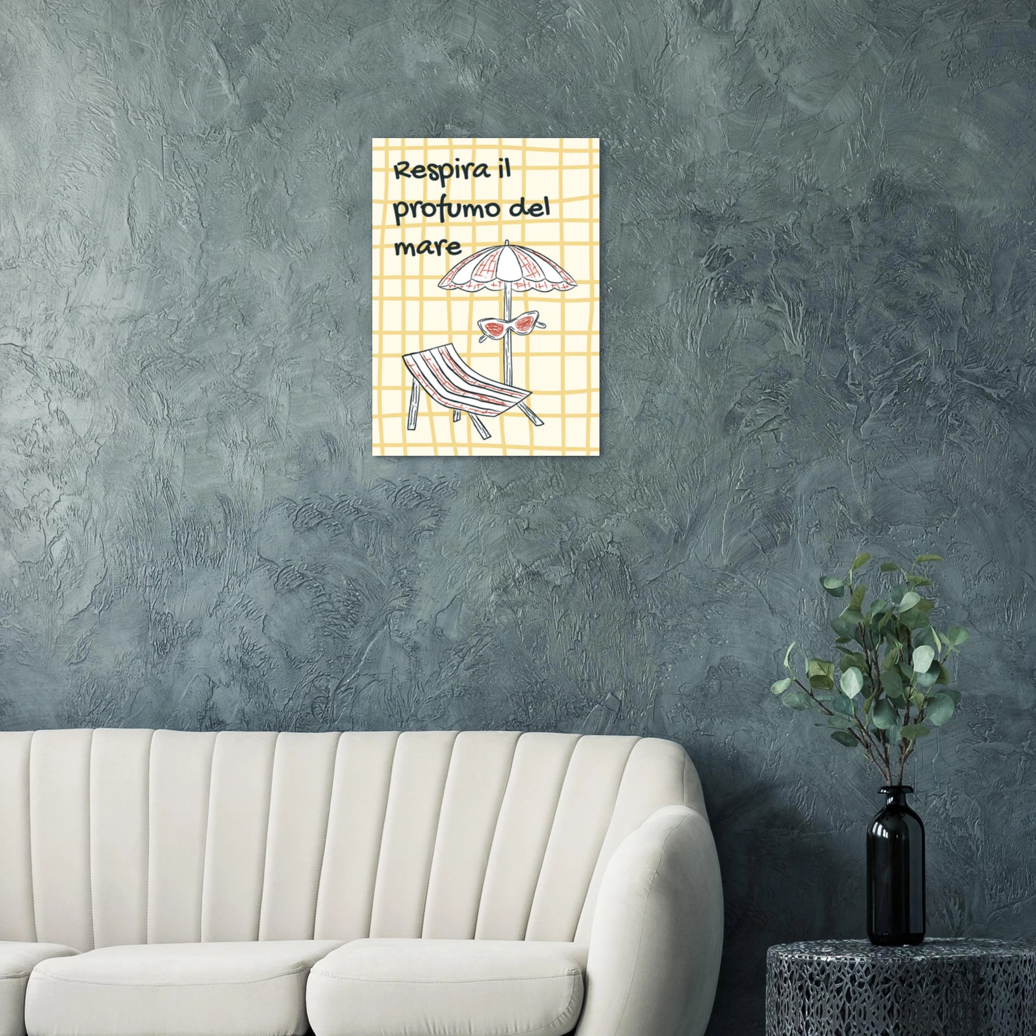 Poster illustrato con ombrellone e sdraio, mare e stile di vita mediterraneo