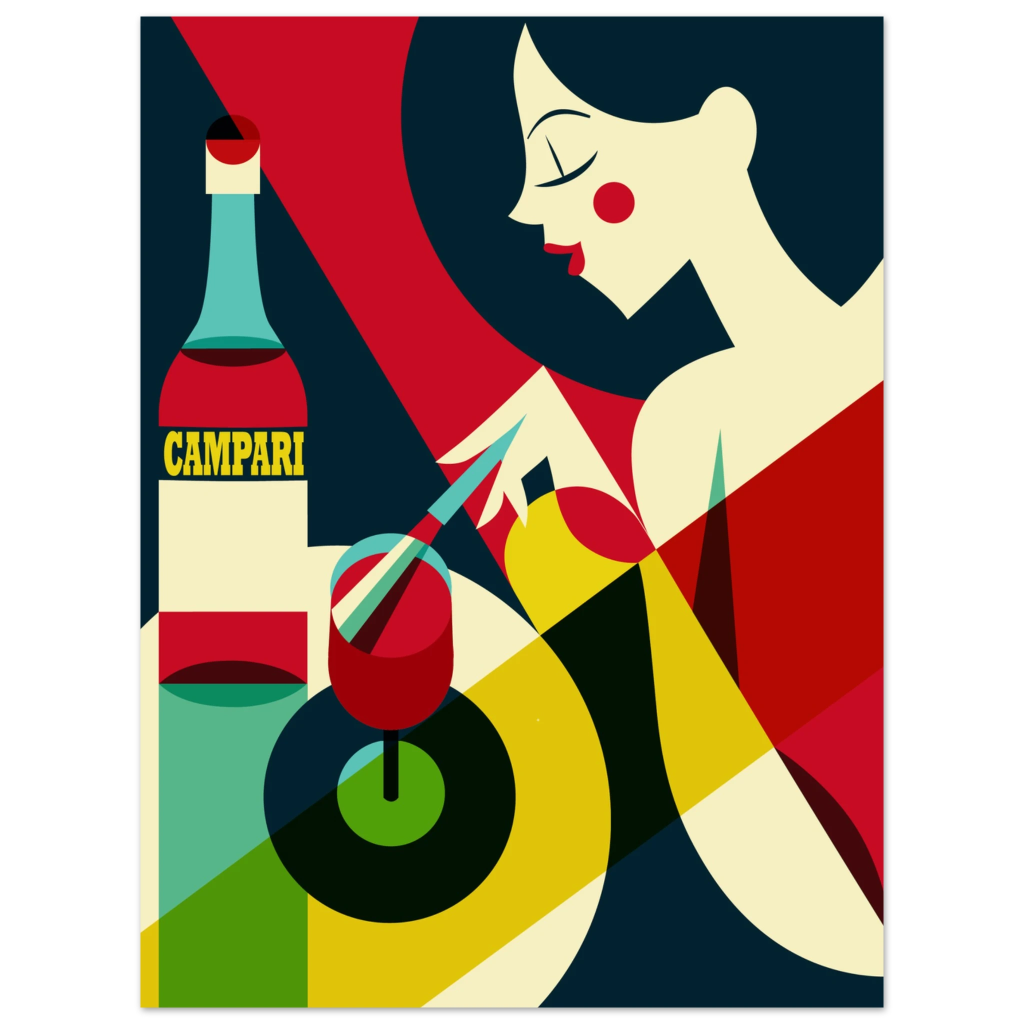 Poster vintage Campari con donna stilizzata e bottiglia, grafica retrò da aperitivo italiano