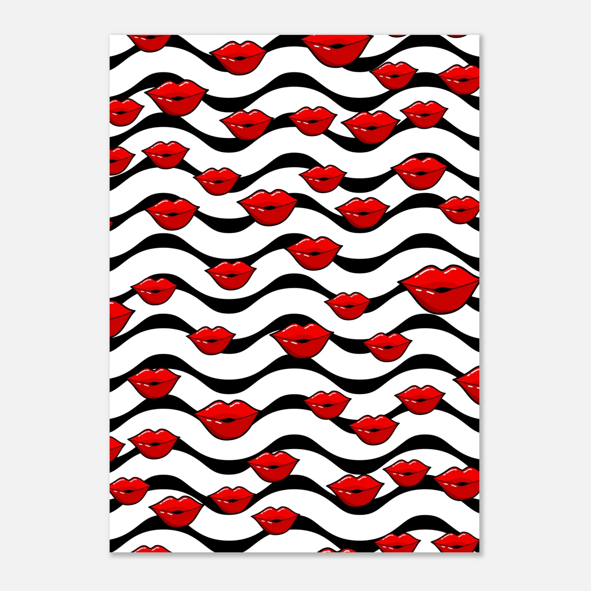 Poster pop art con labbra rosse ripetute su sfondo bianco e onde nere, pattern grafico moderno da parete