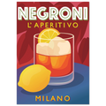 Poster illustrato Campari con bicchiere rosso e limone, stile pop art italiano rétro, grafica elegante da parete.