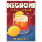 Poster illustrato Campari con bicchiere rosso e limone, stile pop art italiano rétro, grafica elegante da parete.