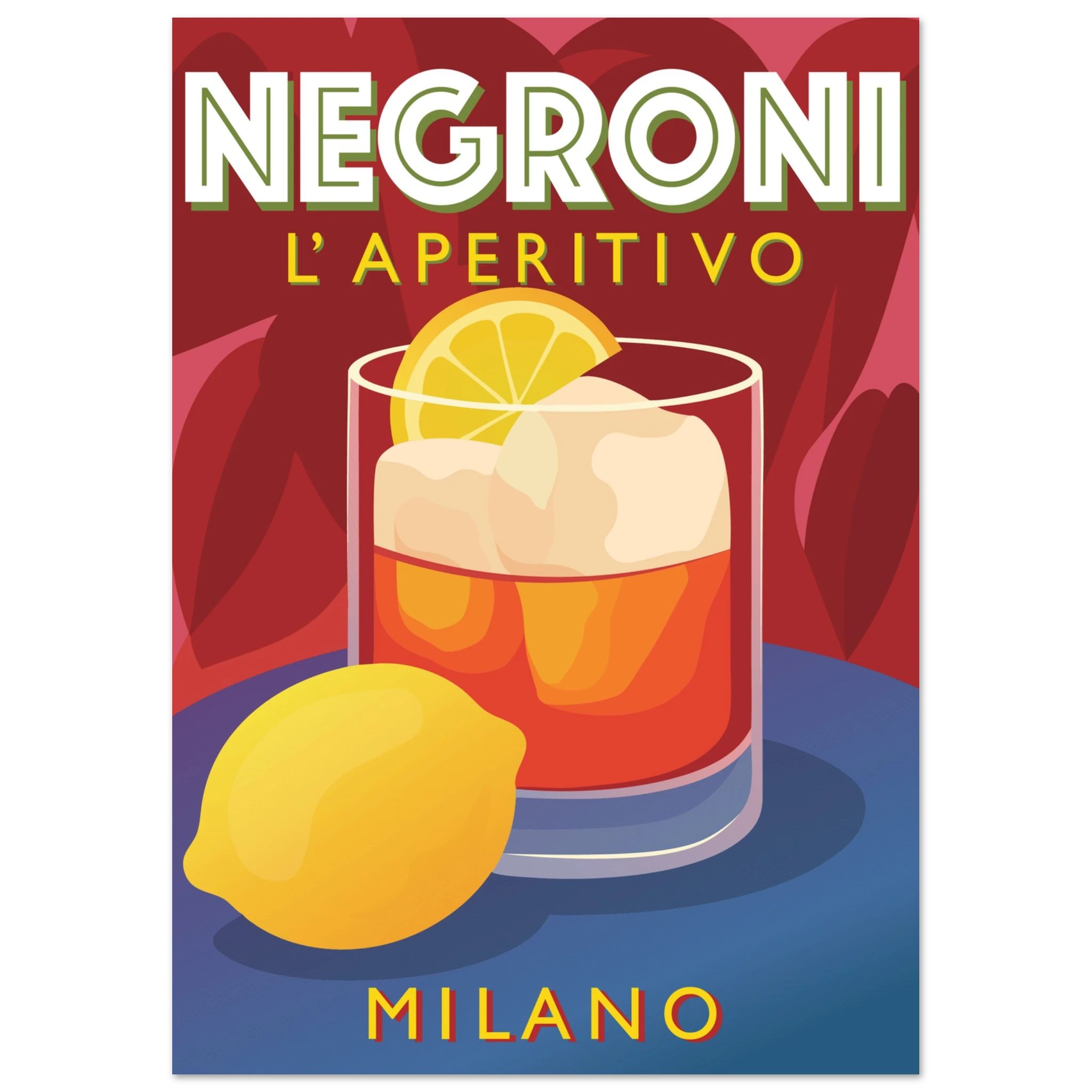 Poster illustrato Campari con bicchiere rosso e limone, stile pop art italiano rétro, grafica elegante da parete.