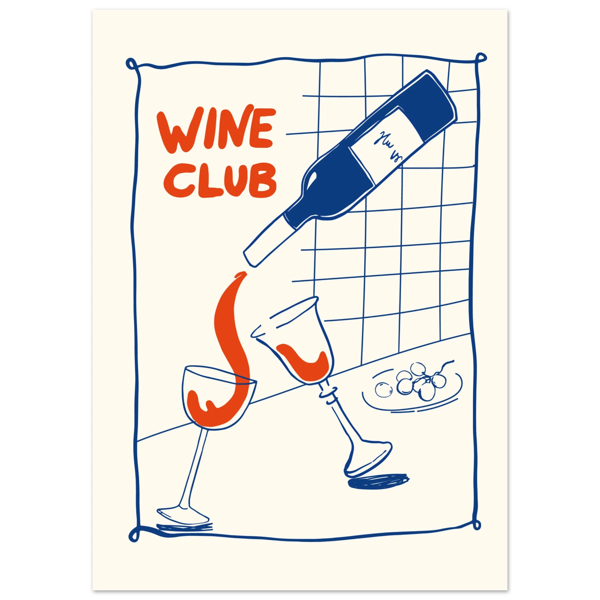 Poster Wine Club con illustrazione di bottiglia di vino e due calici, stile doodle moderno