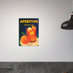 Poster Aperol Spritz in stile manifesto vintage con bicchiere arancione, grafica rétro italiana da parete.