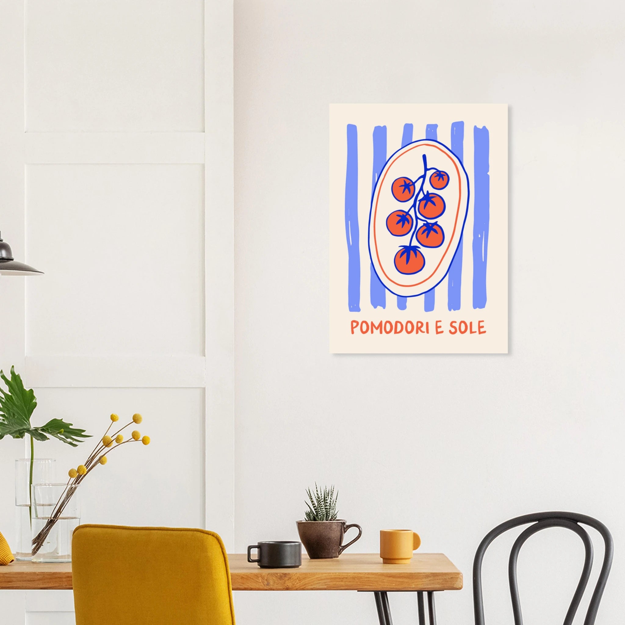 Poster illustrato con pomodori e sole, stile mediterraneo italiano