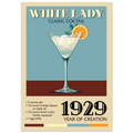Poster White Lady cocktail vintage con bicchiere e scritta classic cocktail, stile retrò elegante